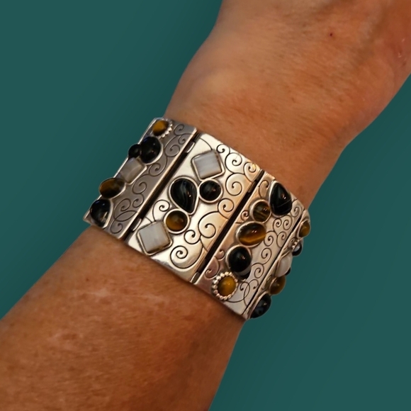 BRIGHTON Eye of the Tiger Multi-gemstone Scroll Wide Tile Bracelet - Picture 1 of 9